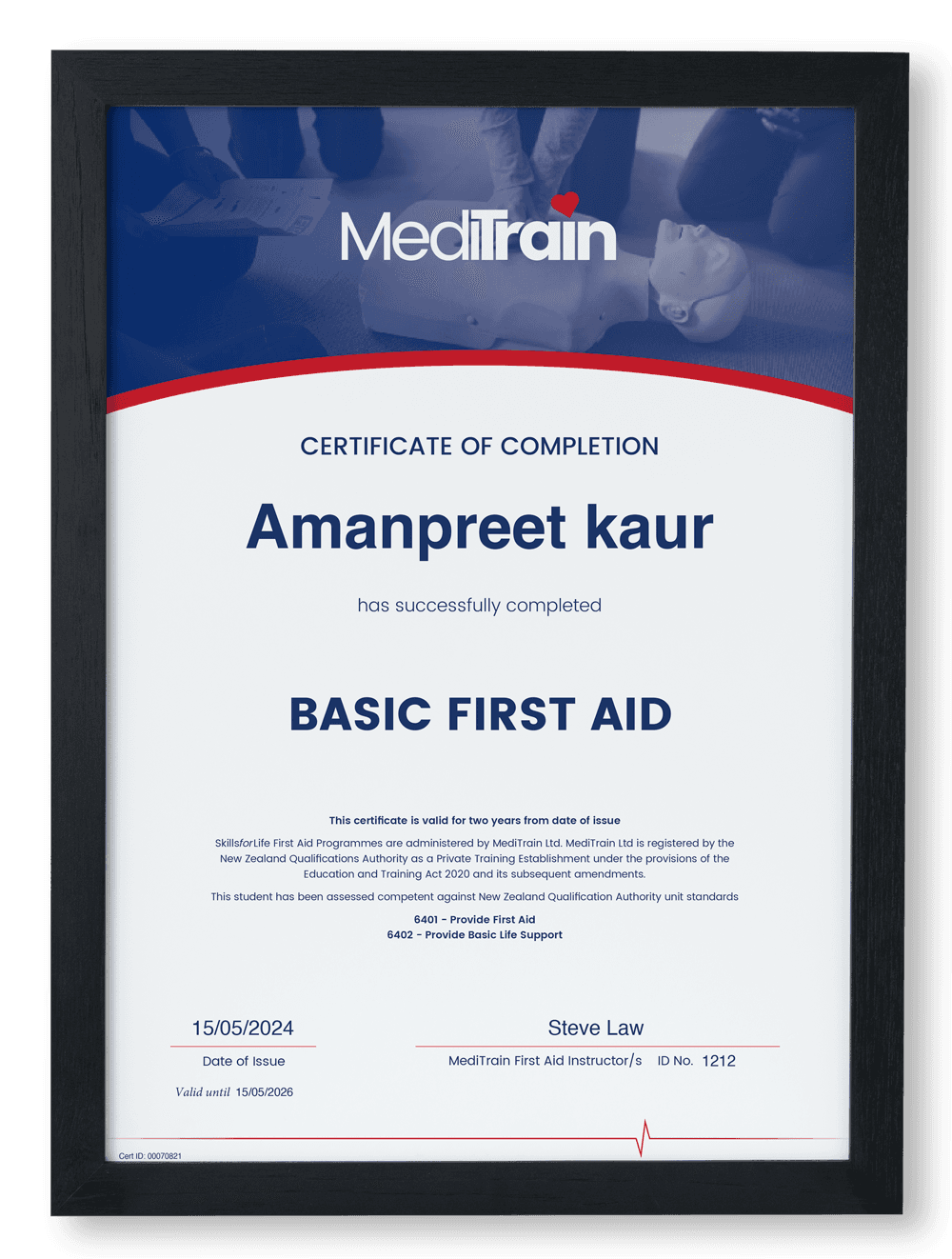 Amanpreet's First Aid Certificate