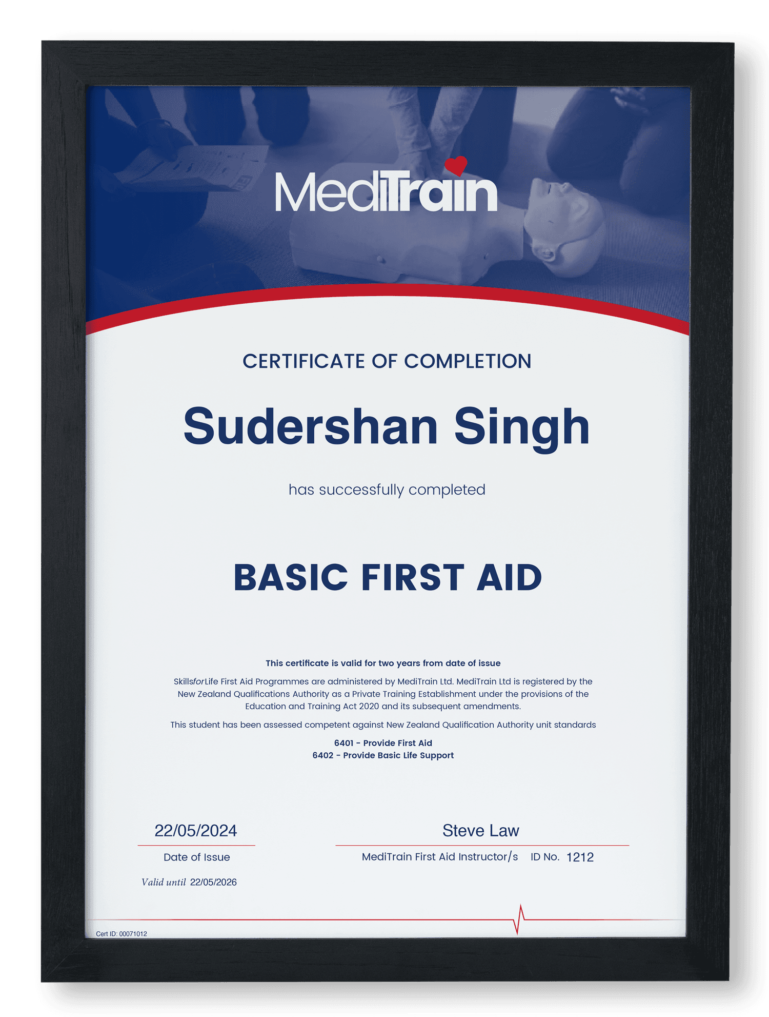 Sunny's First Aid Certificate